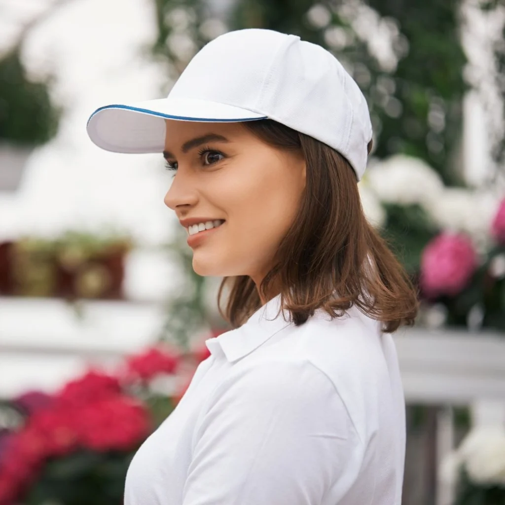 Mujer con gorra deportiva blanca